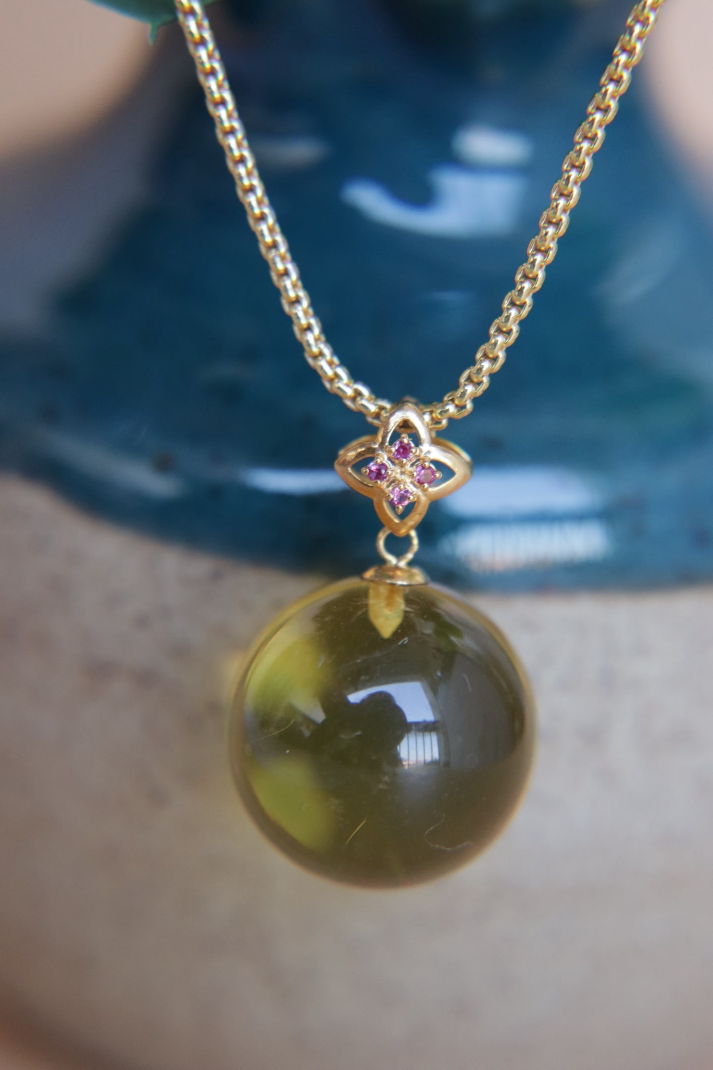 18K Gold Blue Amber Pendant - 5