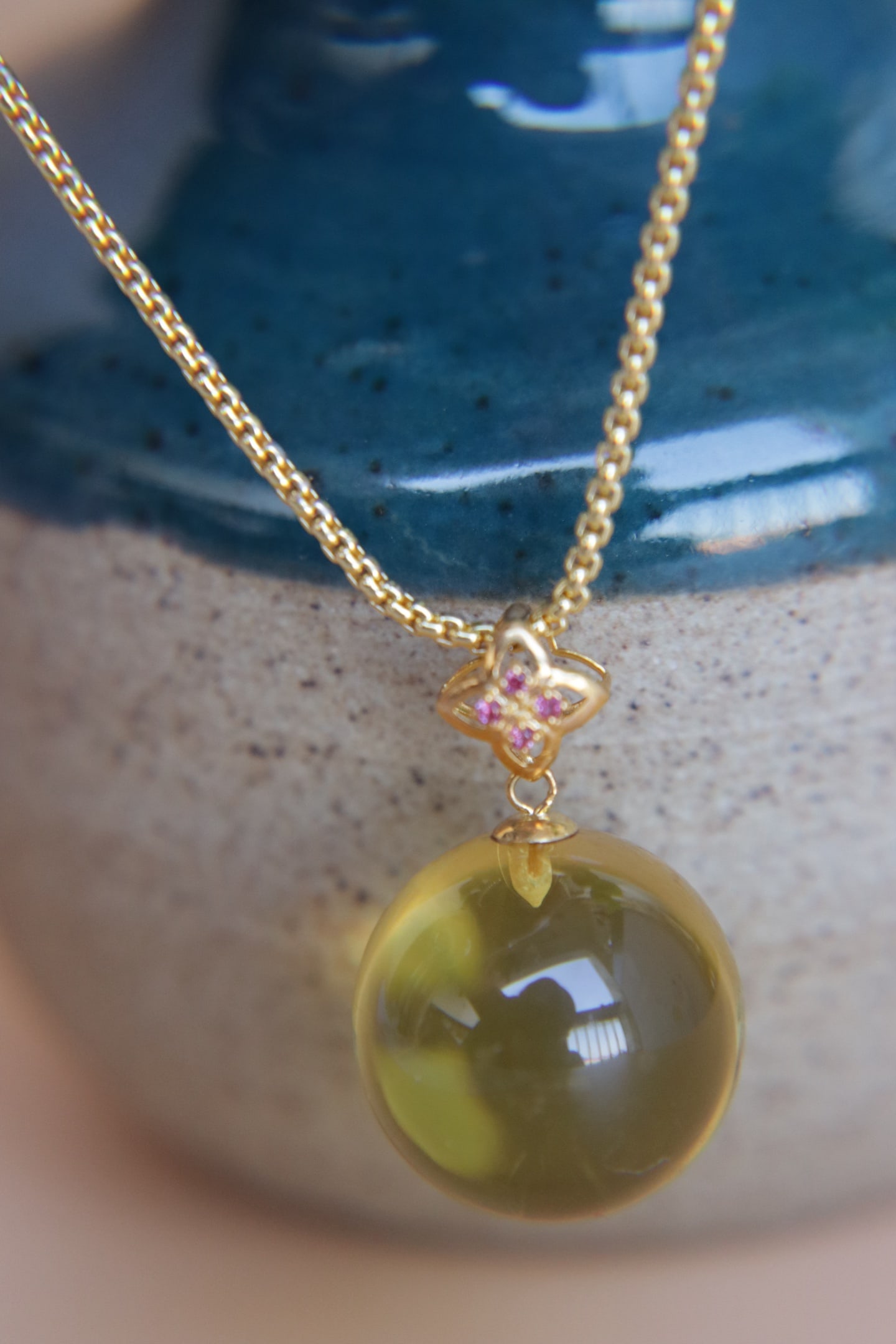 18K Gold Blue Amber Pendant - 6