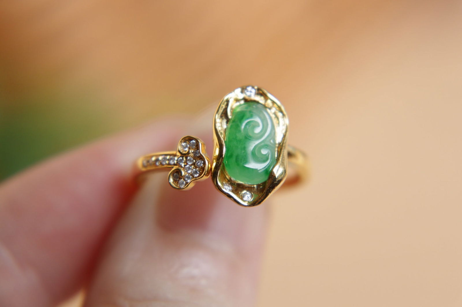 18K Gold Inlaid Natural Jade Ring - 7