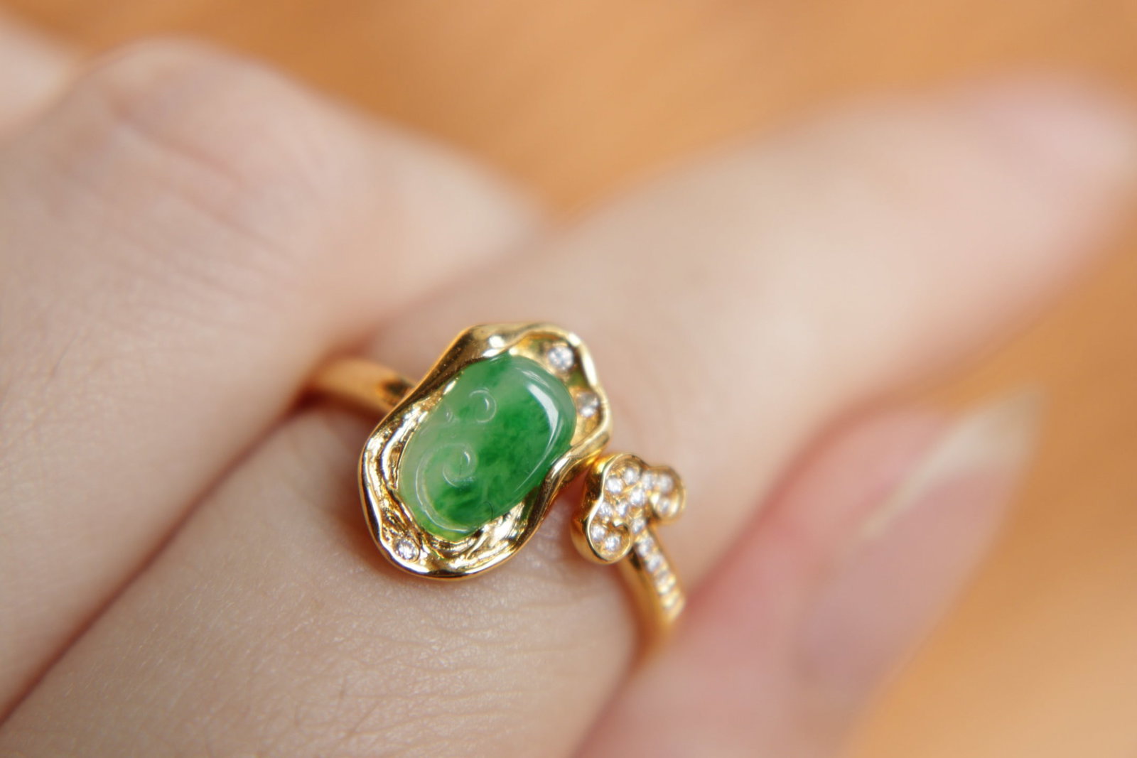 18K Gold Inlaid Natural Jade Ring - 8