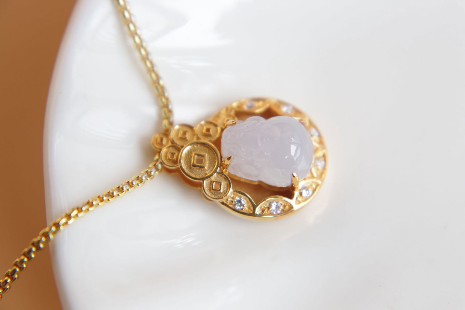 18K Gold Inlaid Natural Jadeite Violet Pixiu Pendant - 3