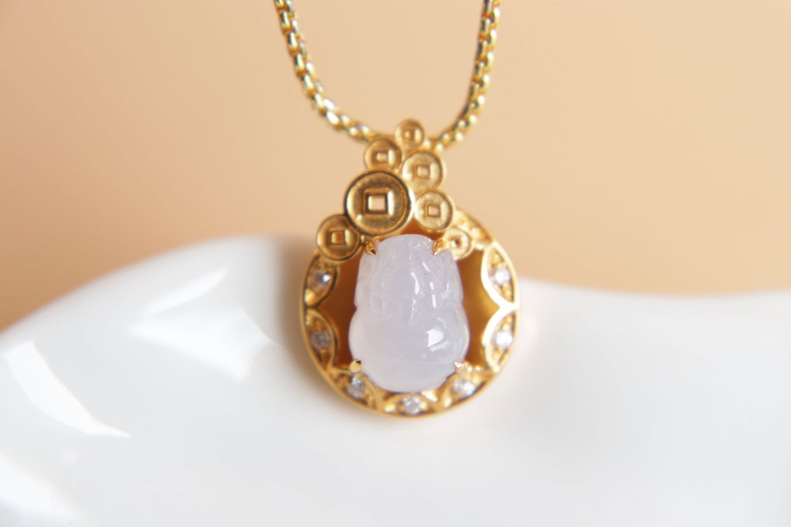 18K Gold Inlaid Natural Jadeite Violet Pixiu Pendant - 5