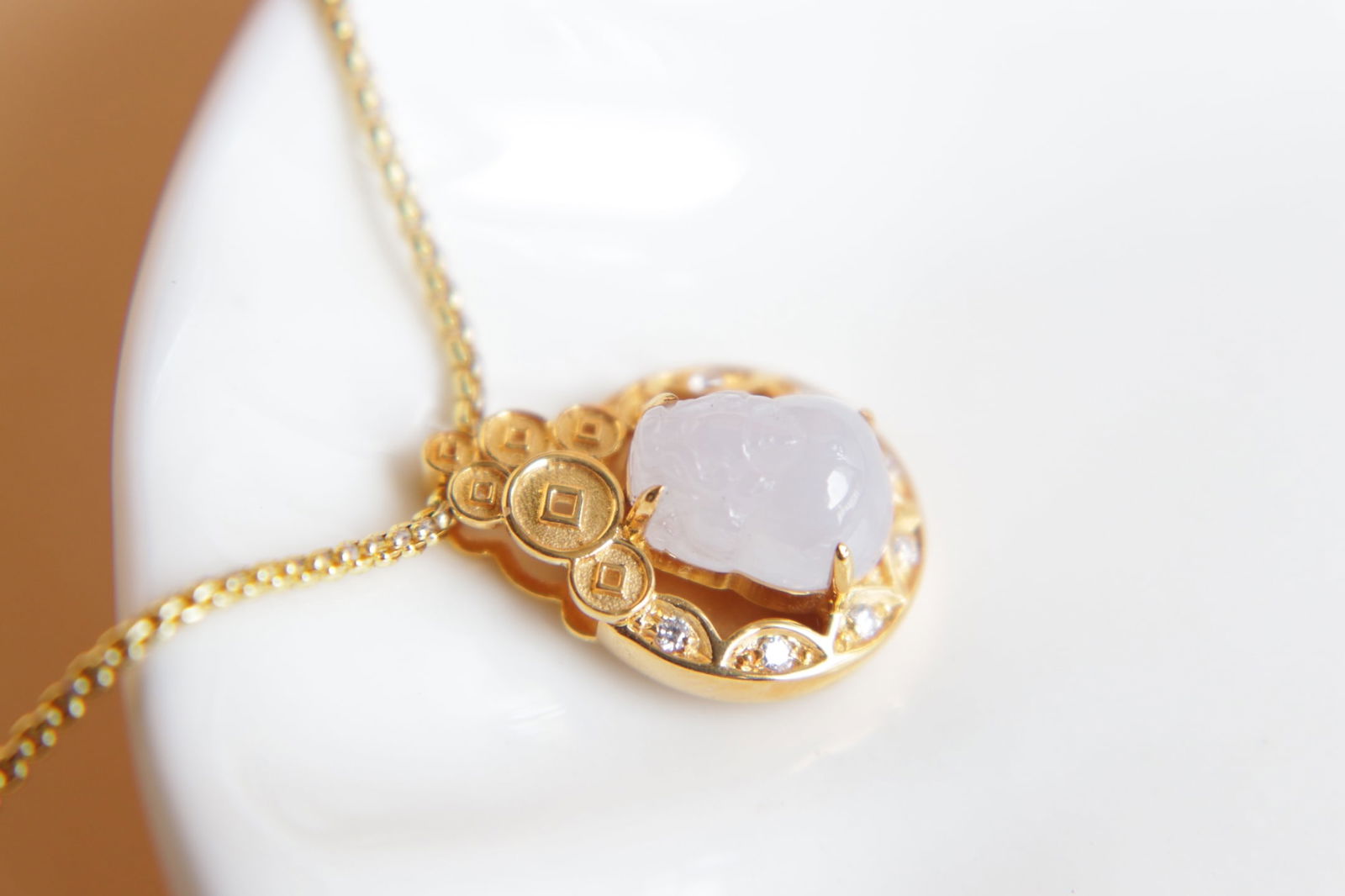 18K Gold Inlaid Natural Jadeite Violet Pixiu Pendant - 6