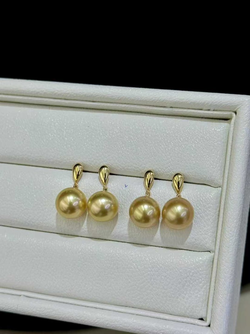 18k Gold Set 12-11mm Golden Pearl Studs - 2