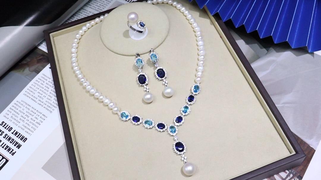 Set of 18k gold-plated full diamond zircon natural original white pearl necklace - 8