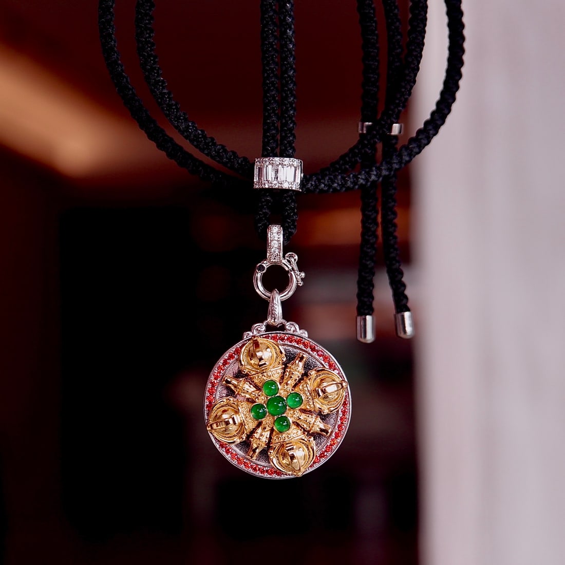 Natural Jade Fivefold Wealth God Cross Vajra Pendant - 3