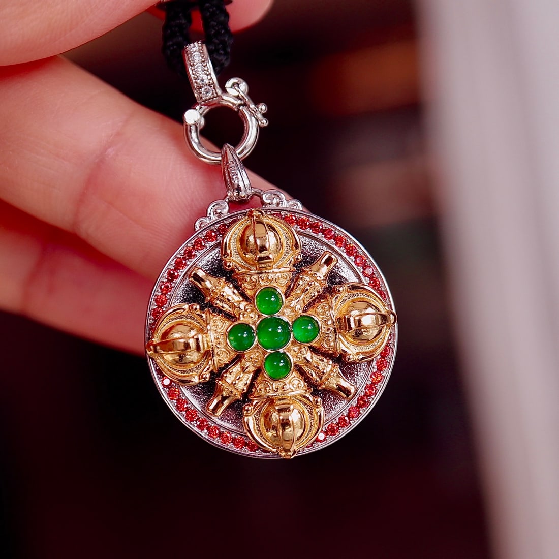 Natural Jade Fivefold Wealth God Cross Vajra Pendant - 6