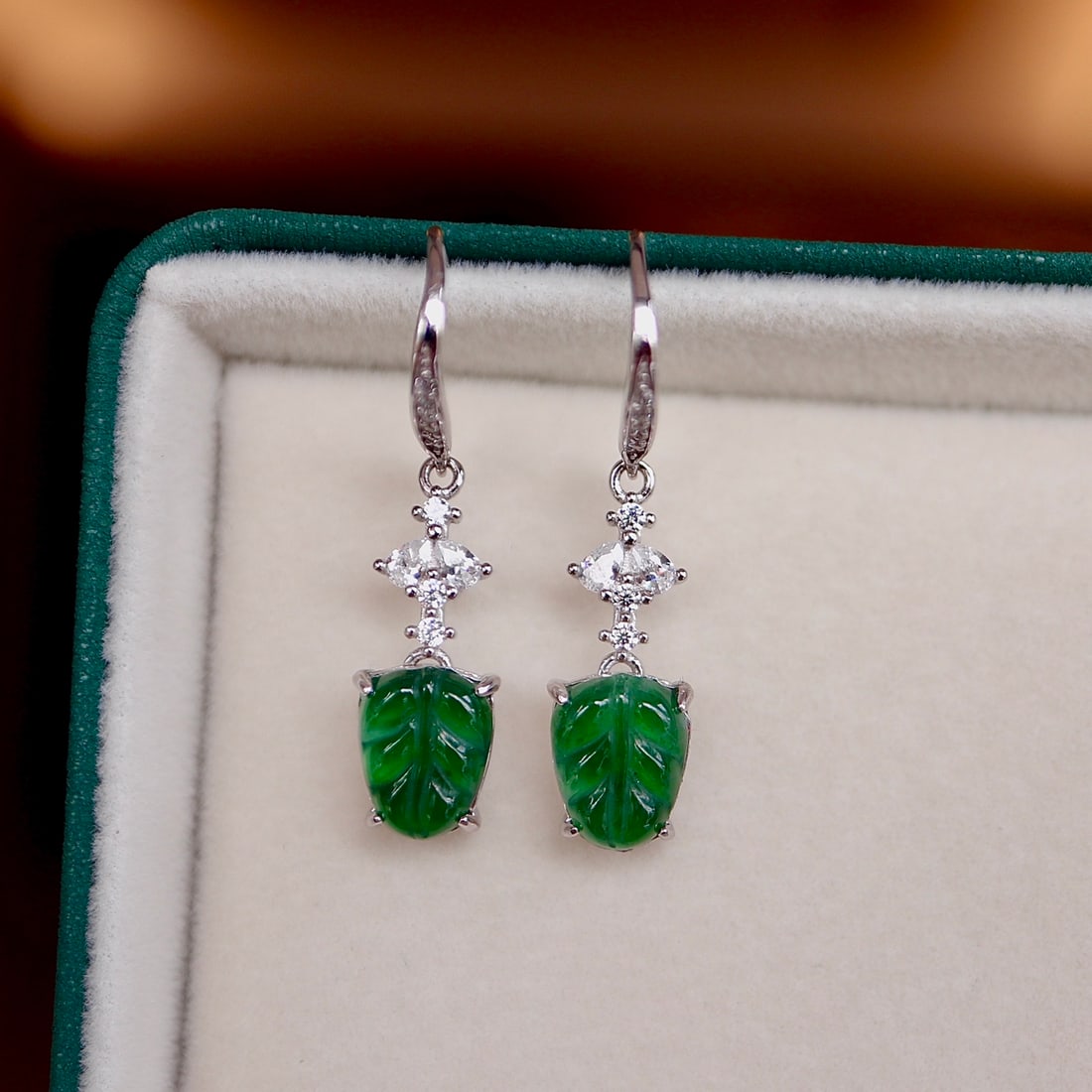 Natural Grade A Jadeite Leaf Earrings - 3