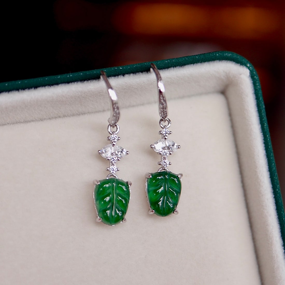 Natural Grade A Jadeite Leaf Earrings - 4