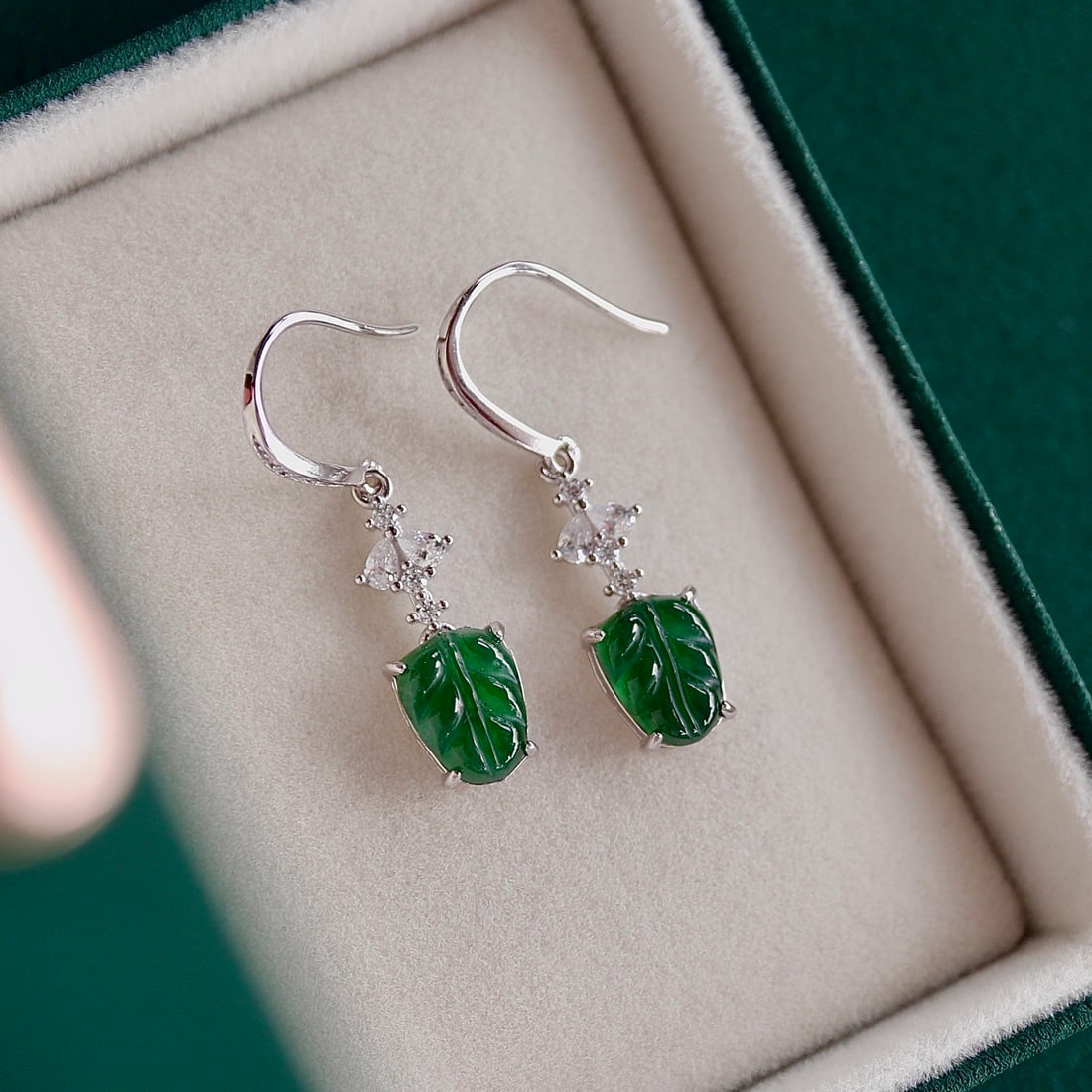 Natural Grade A Jadeite Leaf Earrings - 5