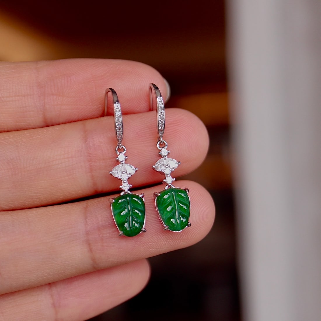 Natural Grade A Jadeite Leaf Earrings - 7