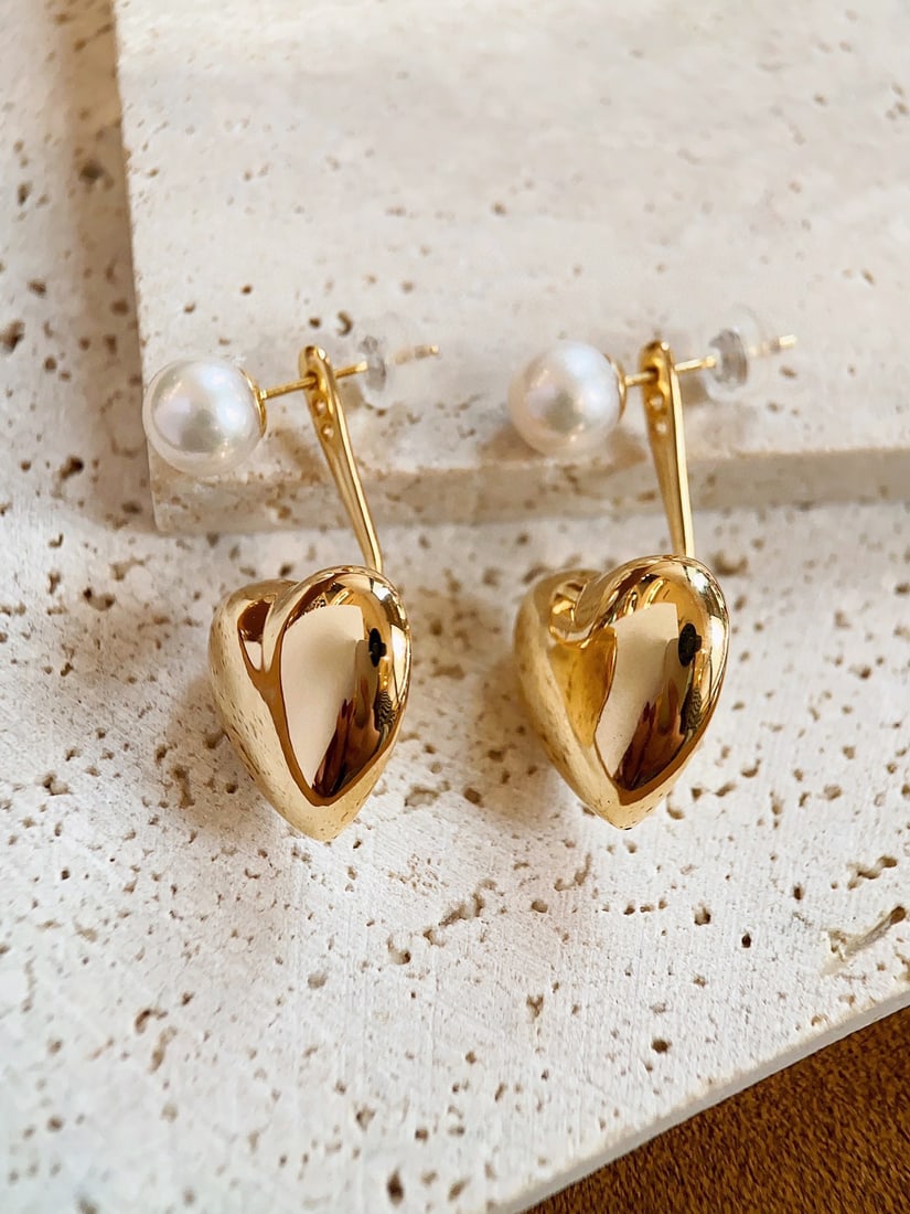 18K gold heart-shaped pearl stud earrings - 6