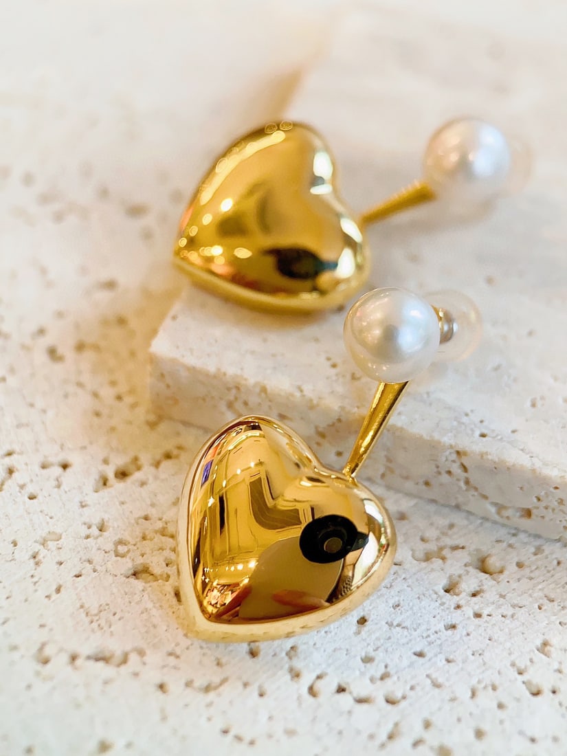 18K gold heart-shaped pearl stud earrings - 7