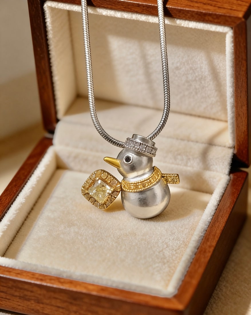 18k natural diamond and natural yellow diamond snowman pendant - 2