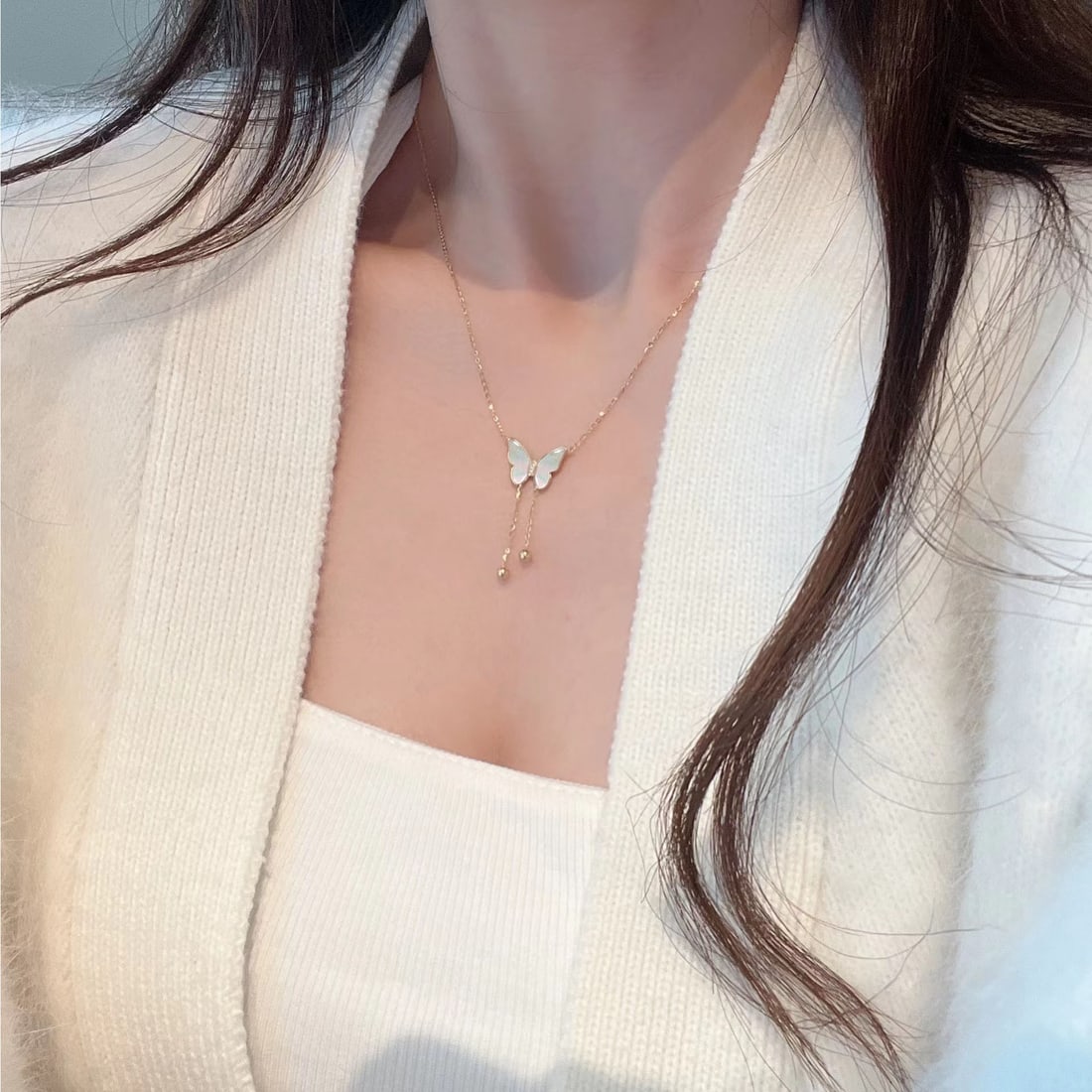 18k natural white mother-of-pearl diamond necklace - 4