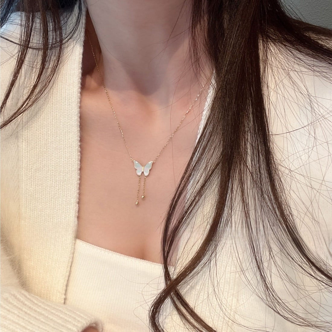 18k natural white mother-of-pearl diamond necklace - 6