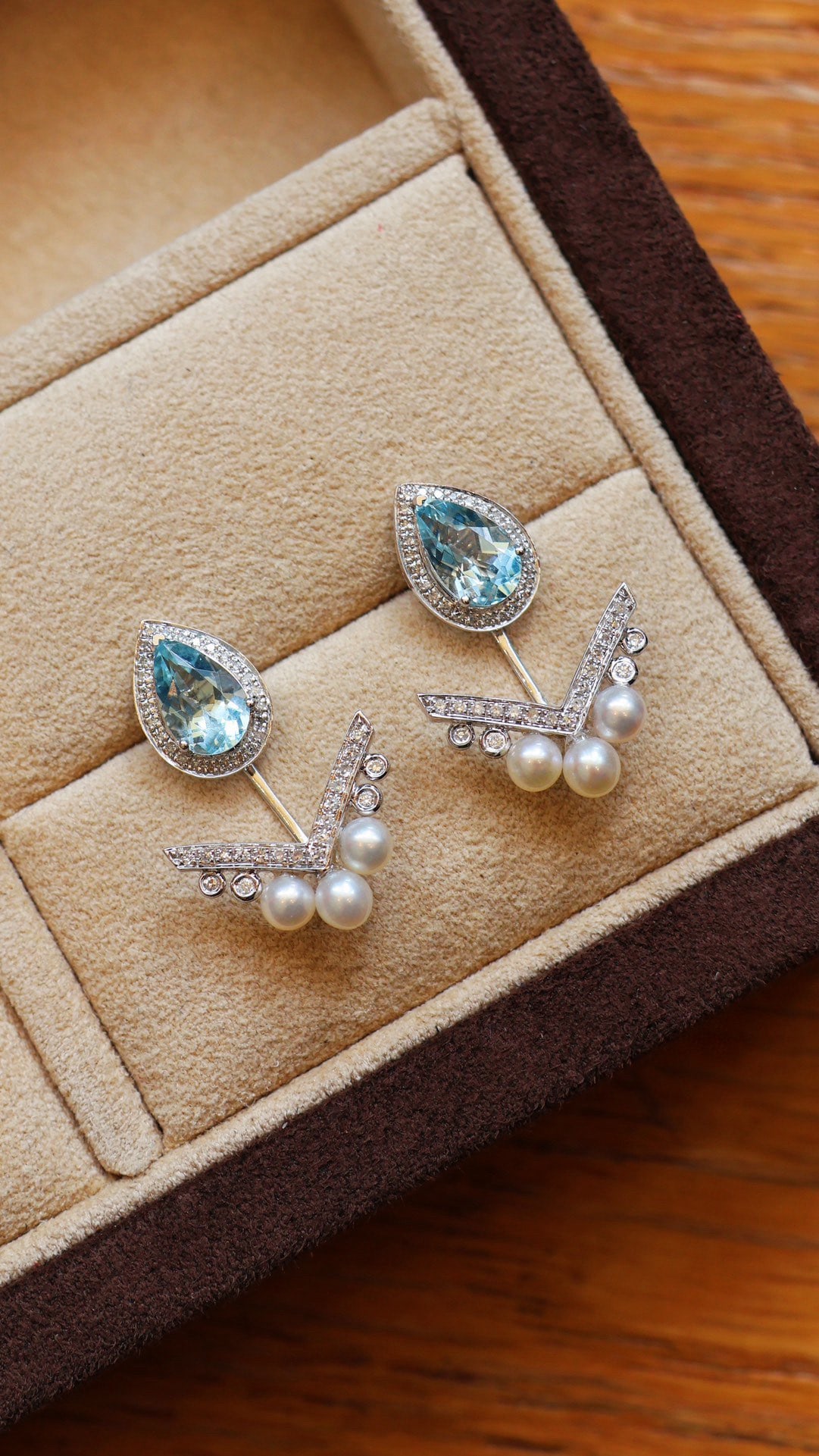 18k Aquamarine Pearl Drop Earrings with Back Hooks - 2