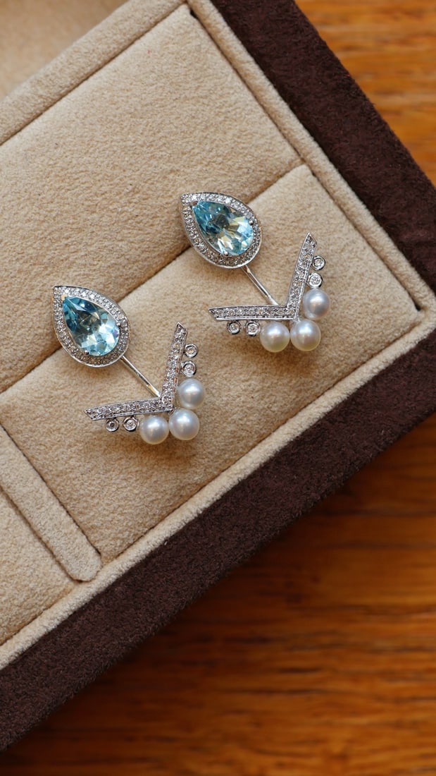 18k Aquamarine Pearl Drop Earrings with Back Hooks - 5