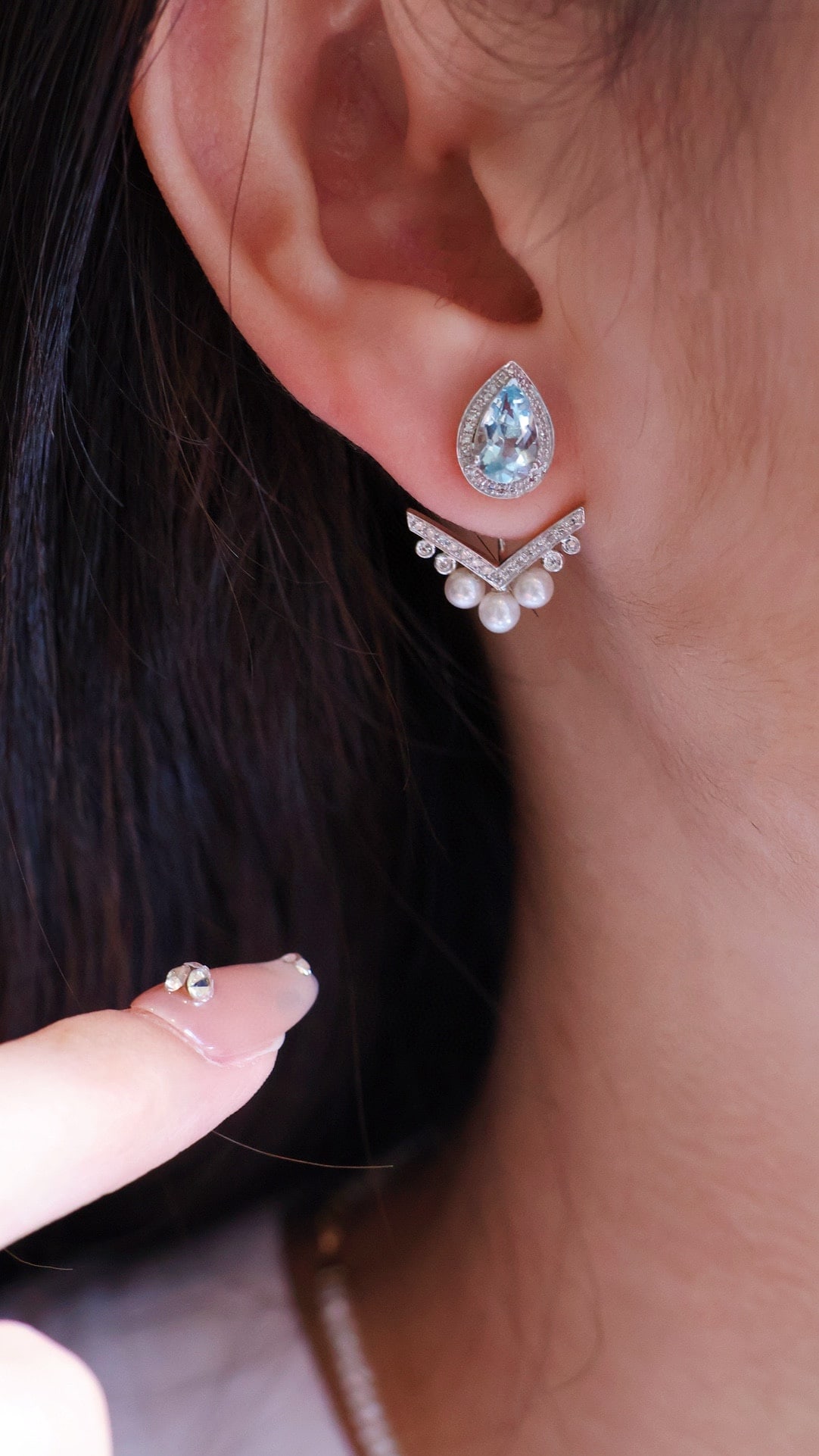 18k Aquamarine Pearl Drop Earrings with Back Hooks - 7