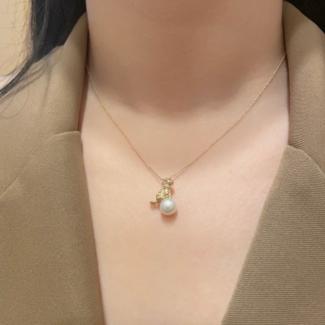 18K Super Cute Kitten Pearl Pendant Diamond Necklace - 2
