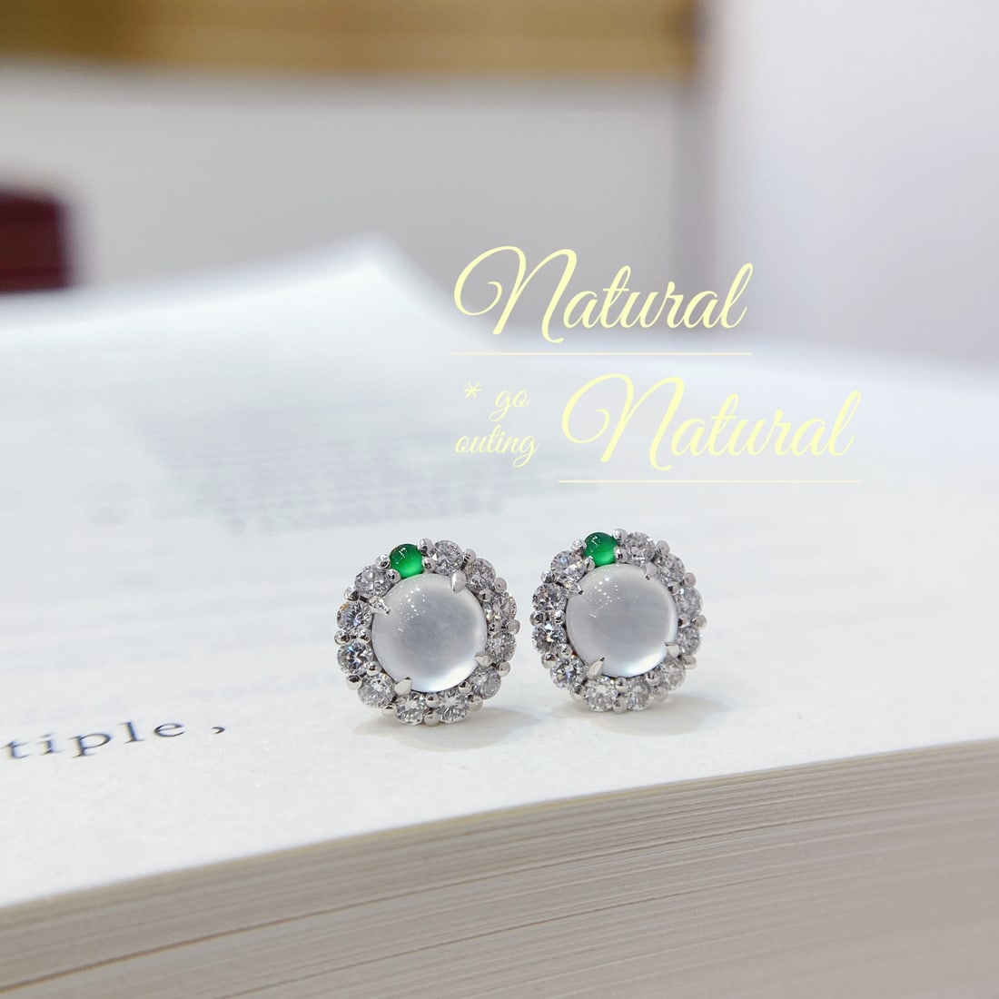 18K Gold Plated Jade Cultured Diamond Stud Earrings - 2