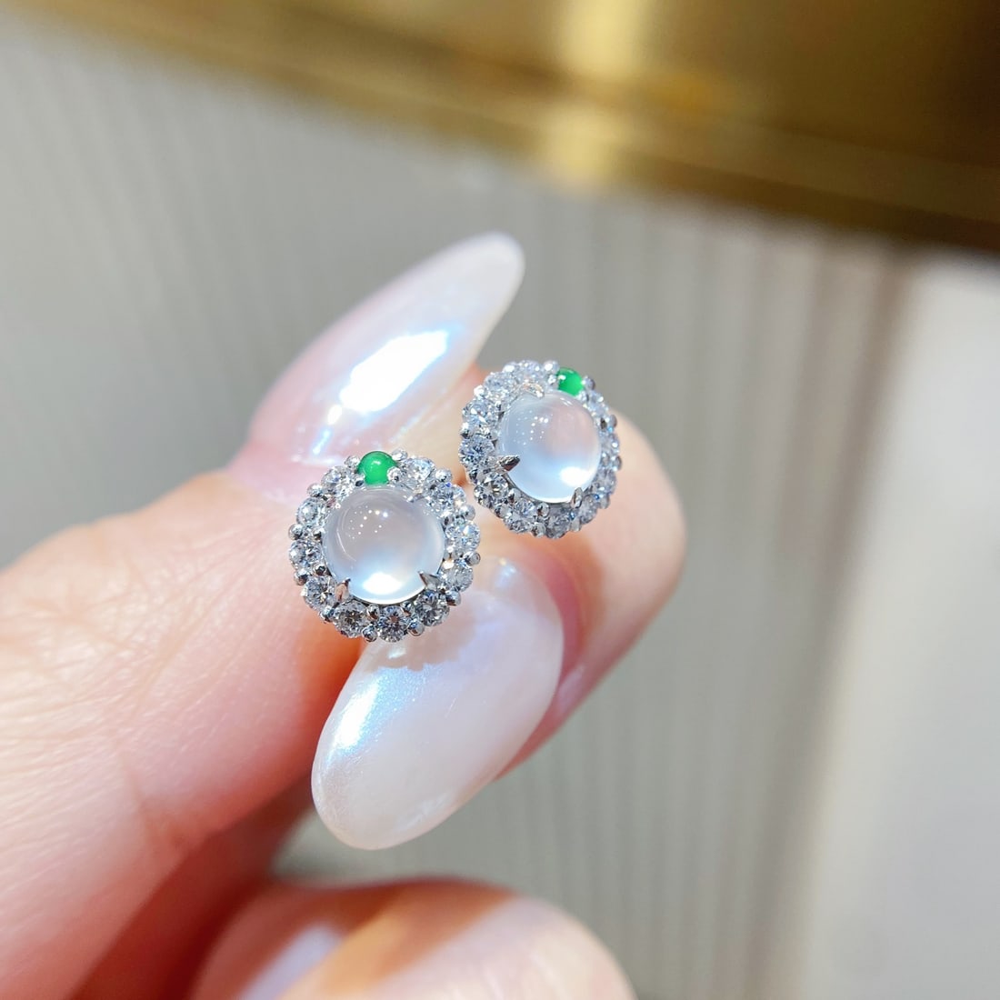 18K Gold Plated Jade Cultured Diamond Stud Earrings - 3