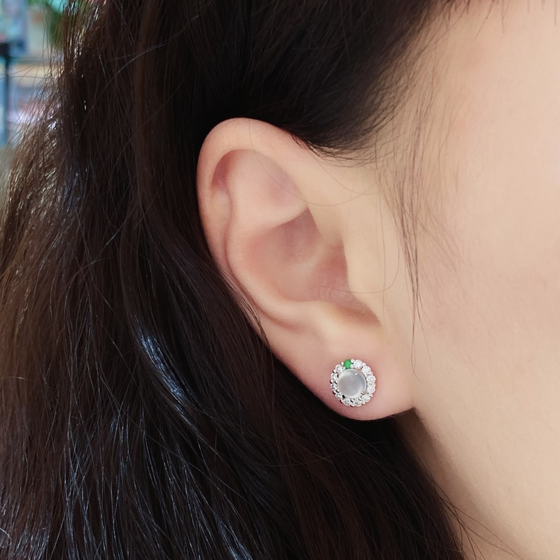 18K Gold Plated Jade Cultured Diamond Stud Earrings - 6