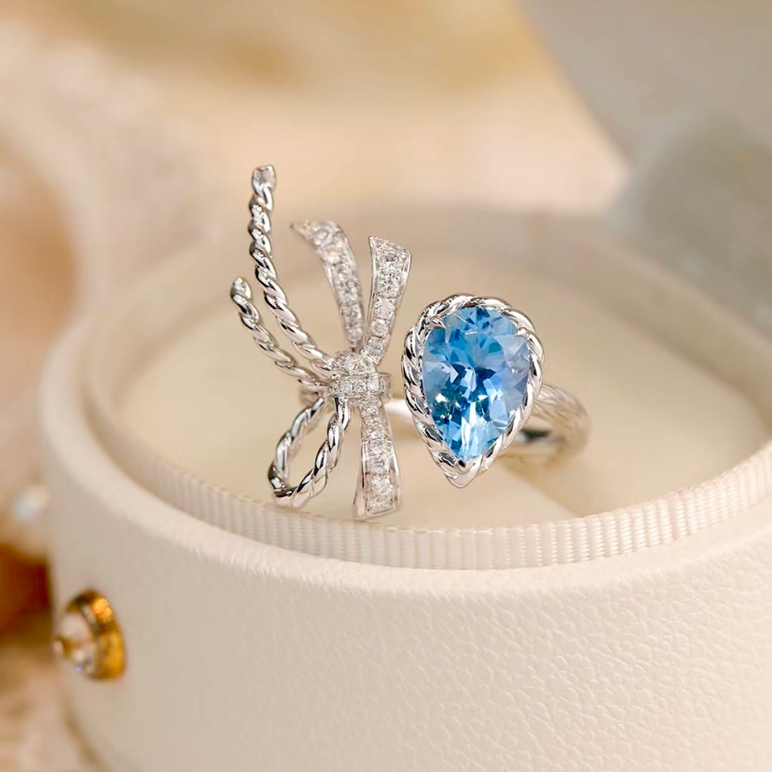 Aquamarine Bowtie Ring: Title: Aquamarine Bowtie Ring Description: Aquamarine Bowtie RingMain stone 2.52ct, a color as clear and dreamy as the sea Reserve: $3,000.00 Shipping:Domestic: Shipping rates are determined by