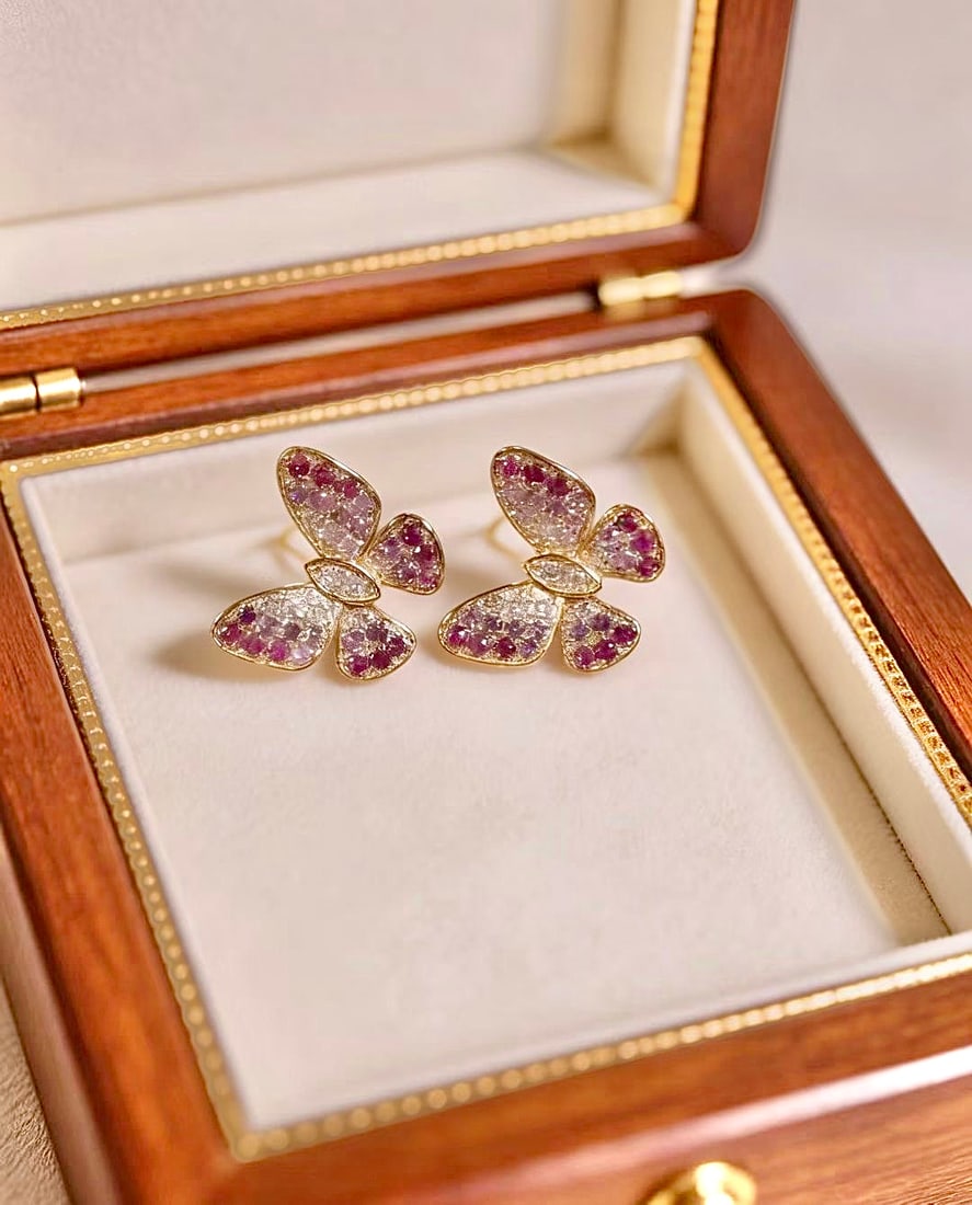 18k Natural Diamond Graduated Pink-Blue Sapphire Butterfly Earrings - 4