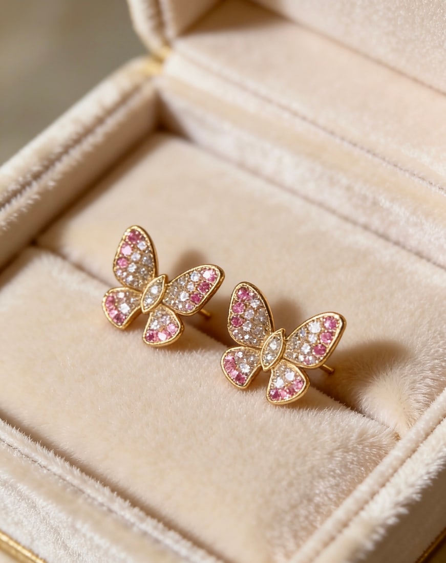18k Natural Diamond Graduated Pink-Blue Sapphire Butterfly Earrings - 5