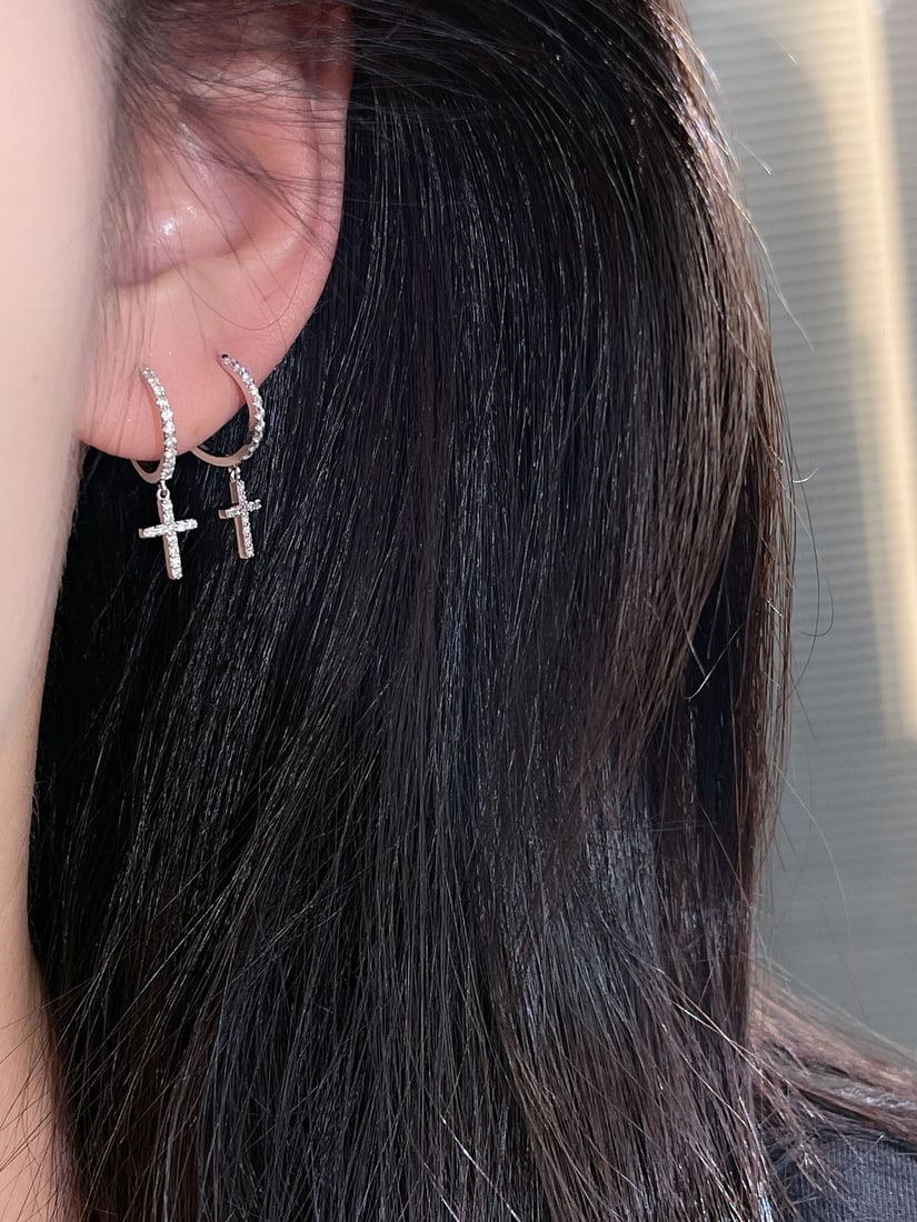 18k Paved Natural Diamond Cross Earrings - 6