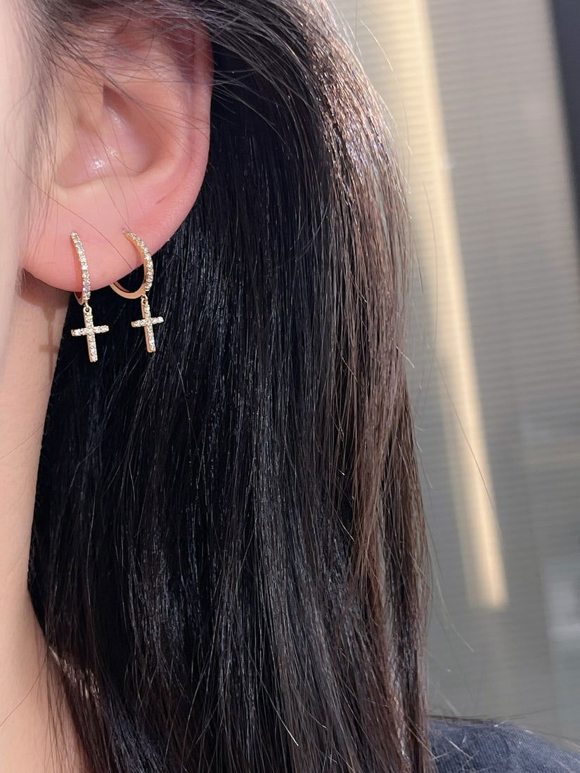 18k Paved Natural Diamond Cross Earrings - 7