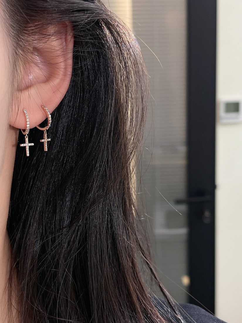 18k Paved Natural Diamond Cross Earrings - 8