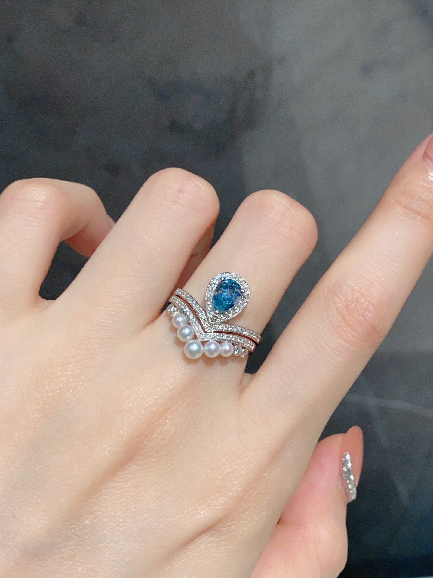 18k Diamond Aquamarine Pearl Ring - 2