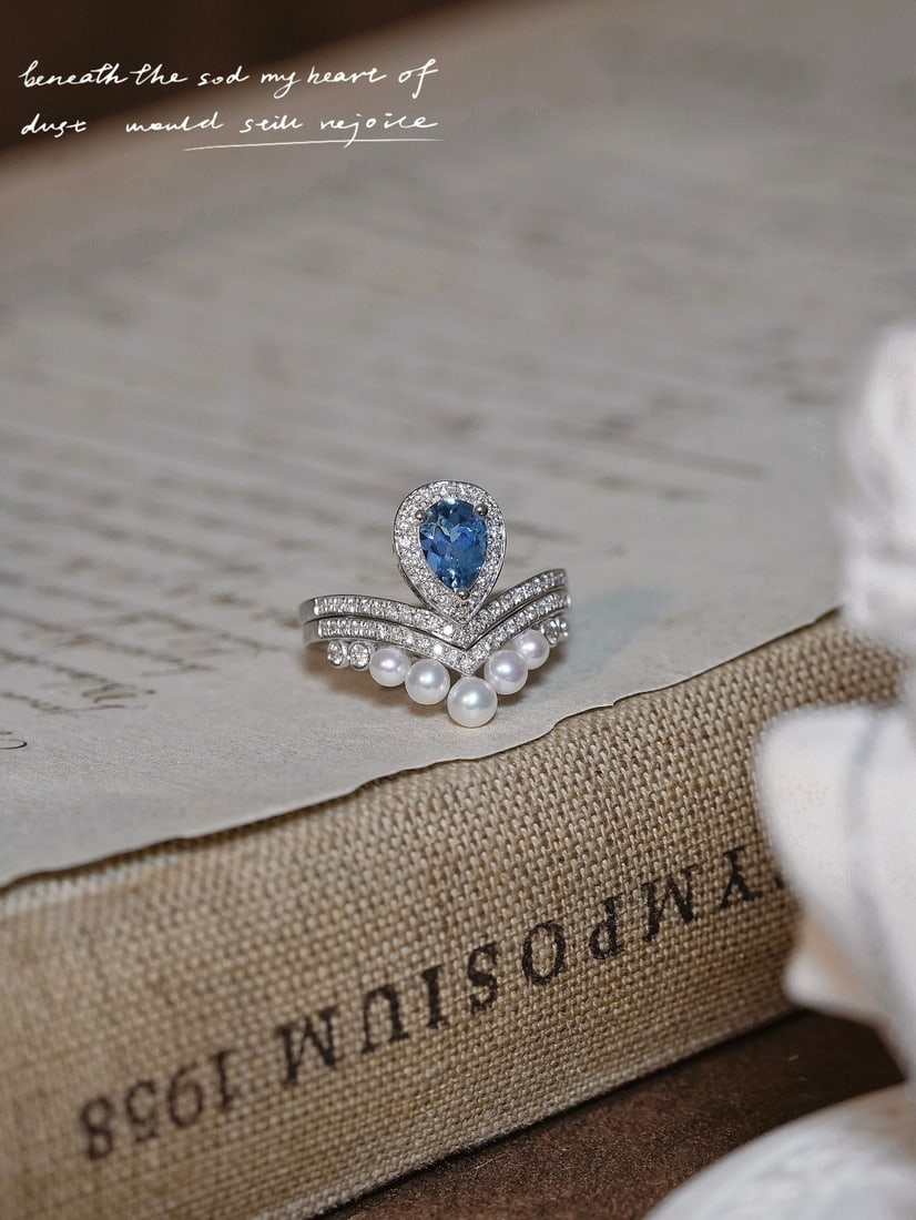 18k Diamond Aquamarine Pearl Ring - 4