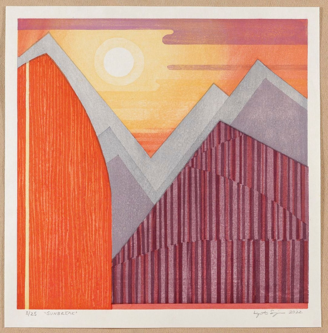 SHIMIZU, Lynita (b. 1952) - Sunbreak - Limited edition no. # 8/25: Artist:SHIMIZU, Lynita (b. 1952)Title:Sunbreak - Limited edition no. # 8/25Series: Publisher:self-publishedDate:2022Medium:Woodblock print.Size/Format:13.2 " x 13" (the entire