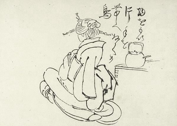 HOKUBA, Teisai (1771-1844) - Woman and tea pot: Artist:HOKUBA, Teisai (1771-1844)Title:Woman and tea potSeries: From a set of drawings entitled "Sketches by Hokuba"Date:c. 1855Medium:Black ink on paper.Size/Format:c. 7.5 x 11 inchesDescription:The