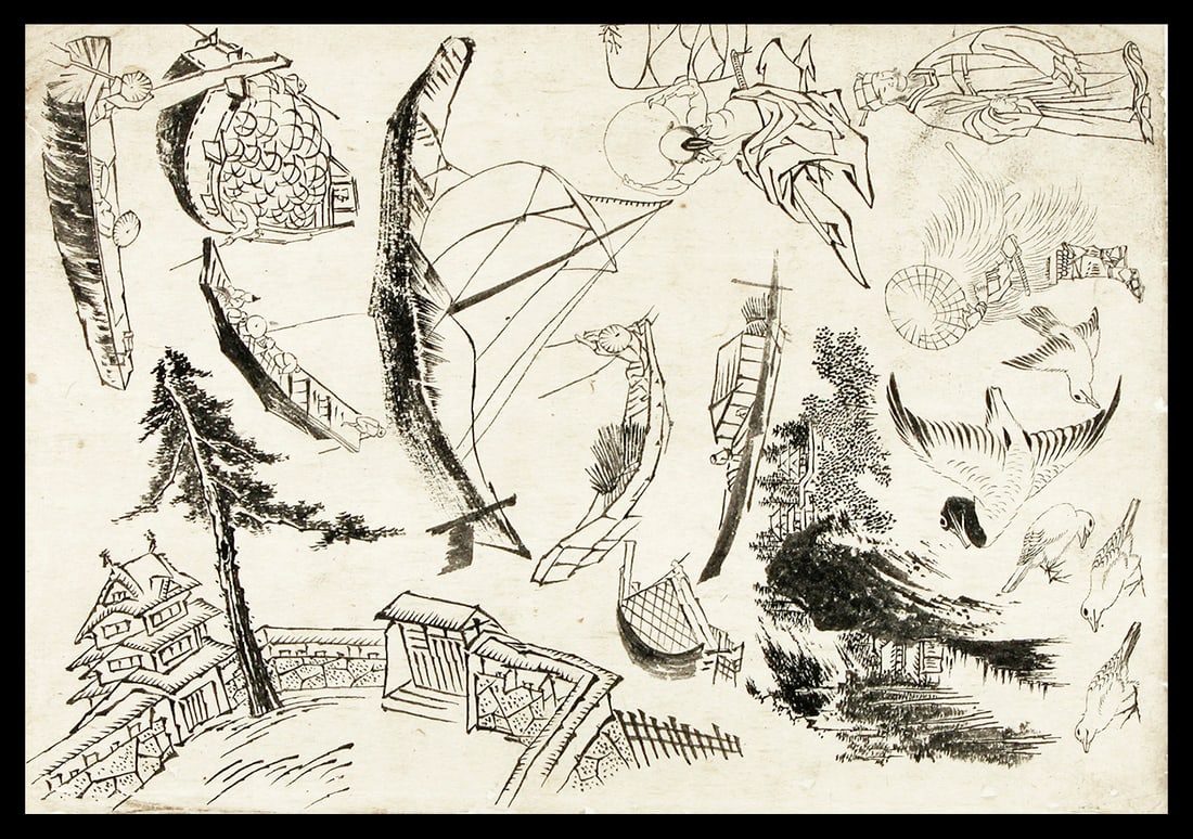 Hokusai school - Misc. design studies: Artist:Hokusai schoolTitle:Misc. design studiesSeries: Preparatory drawingsDate:c. 1830s-40sMedium:Black ink ('sumi') on paper.Size/Format:c. 7 1/2" x 11"Description:Design studies containing a