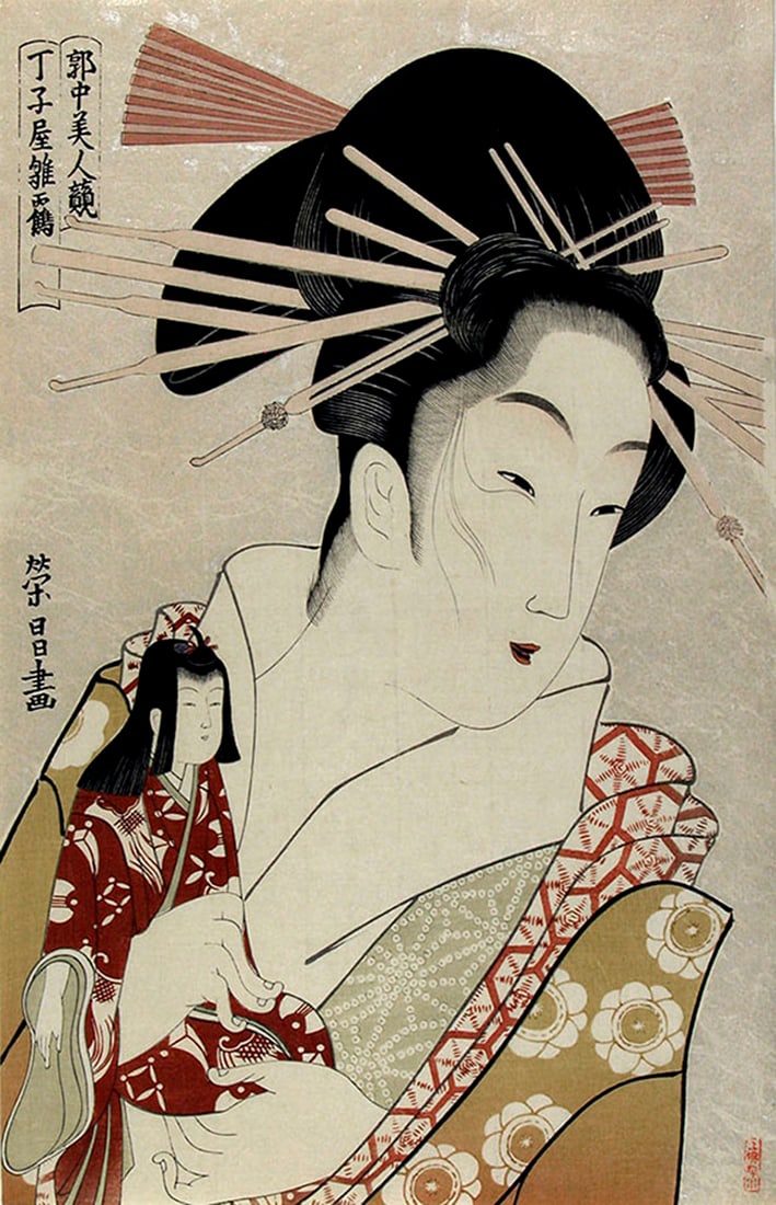 Chokosai EISHO (fl. Late 18th c.) - The courtesan Hinazuru of the Chojiya: Artist:Chokosai EISHO (fl. Late 18th c.)Title:The courtesan Hinazuru of the ChojiyaDate:c. 1794 (this an extremely carefully executed 20th century impression from recarved blocks, with a perfectly