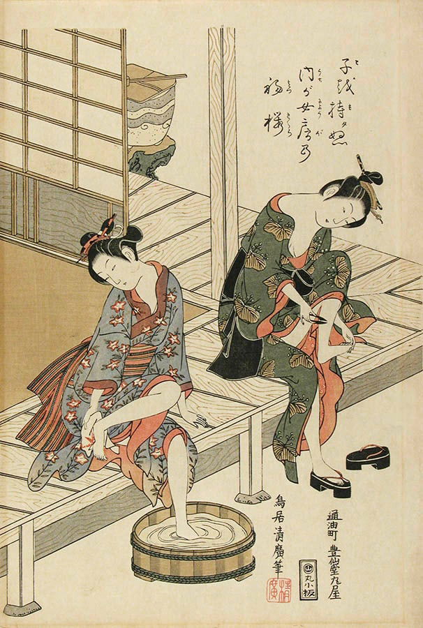 Torii Kiyohiro - Two girls on a verandah: Artist:Torii KiyohiroTitle:Two girls on a verandahDate:Mid-18th century (this being a 20th century impression made from recut blocks)Medium:Woodblock printSize/Format:oban (c. 15 x 10 inches) 