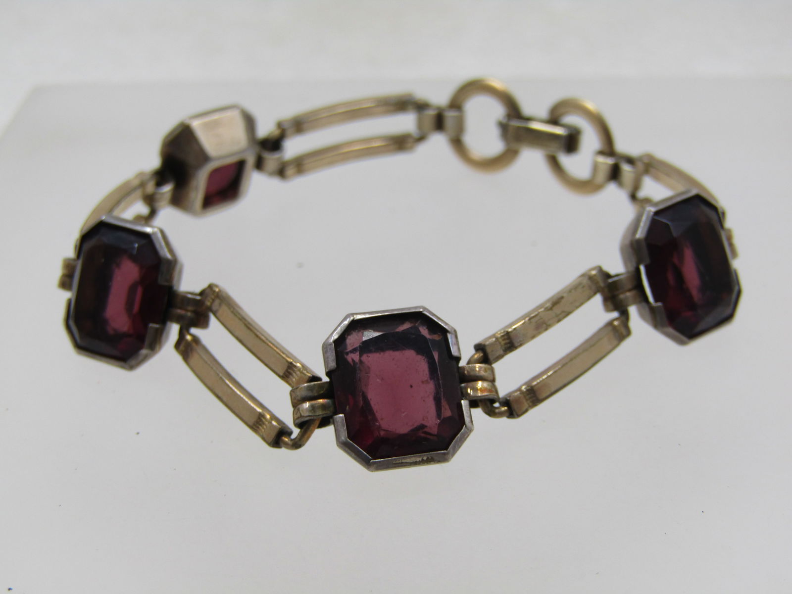 Vintage 1940's Purple Stone Bracelet, 10kt G.F. Signed, 7" - 3