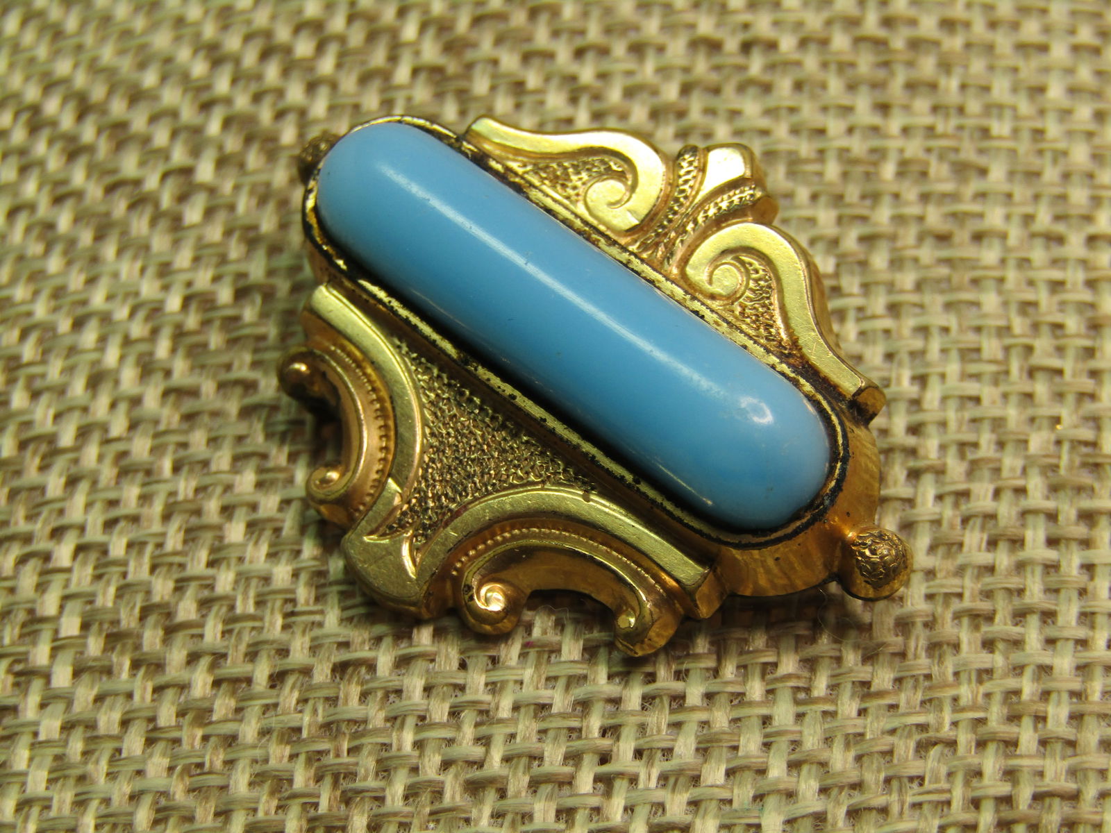 Antique Blue Glass Brooch, 1800's, C-Clasp, Gold Filled - 3