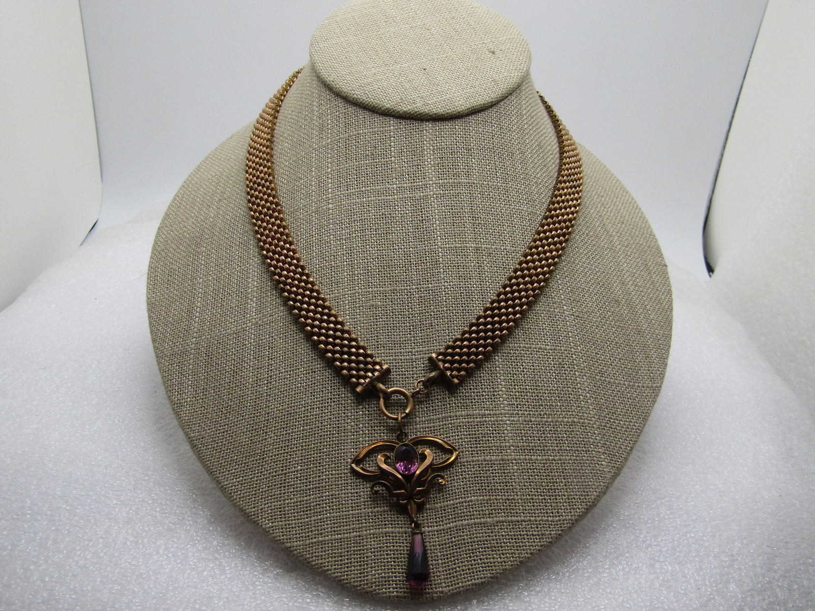 Victorian 10kt G.F. Mesh Purple Drop Pendant Necklace , 19.5" and 2" Pendant,: Victorian 10kt G.F. Mesh Purple Drop Pendant Necklace , 19.5" and 2" Pendant, this is appx. 1/2" wide slightly under made up of 10kt gold filled beads that are arranged in staggered rows. The