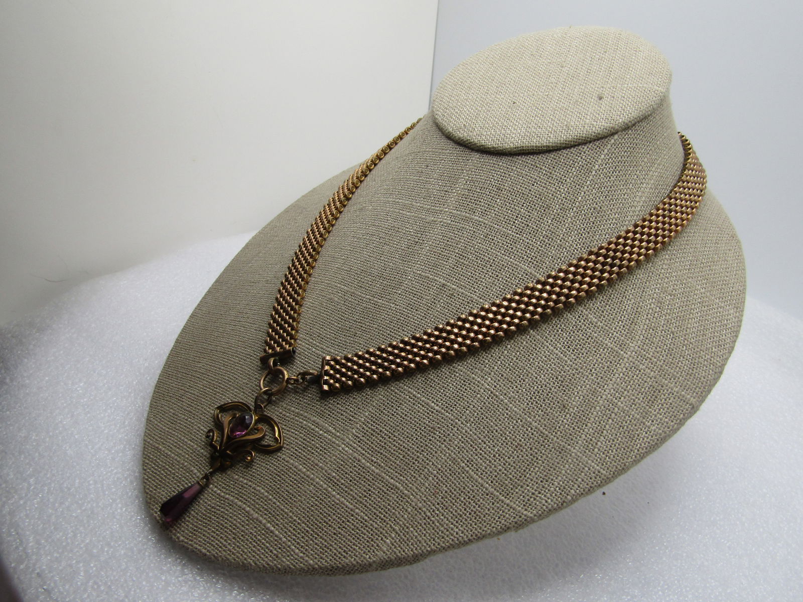 Victorian 10kt G.F. Mesh Purple Drop Pendant Necklace , 19.5" and 2" Pendant, - 2