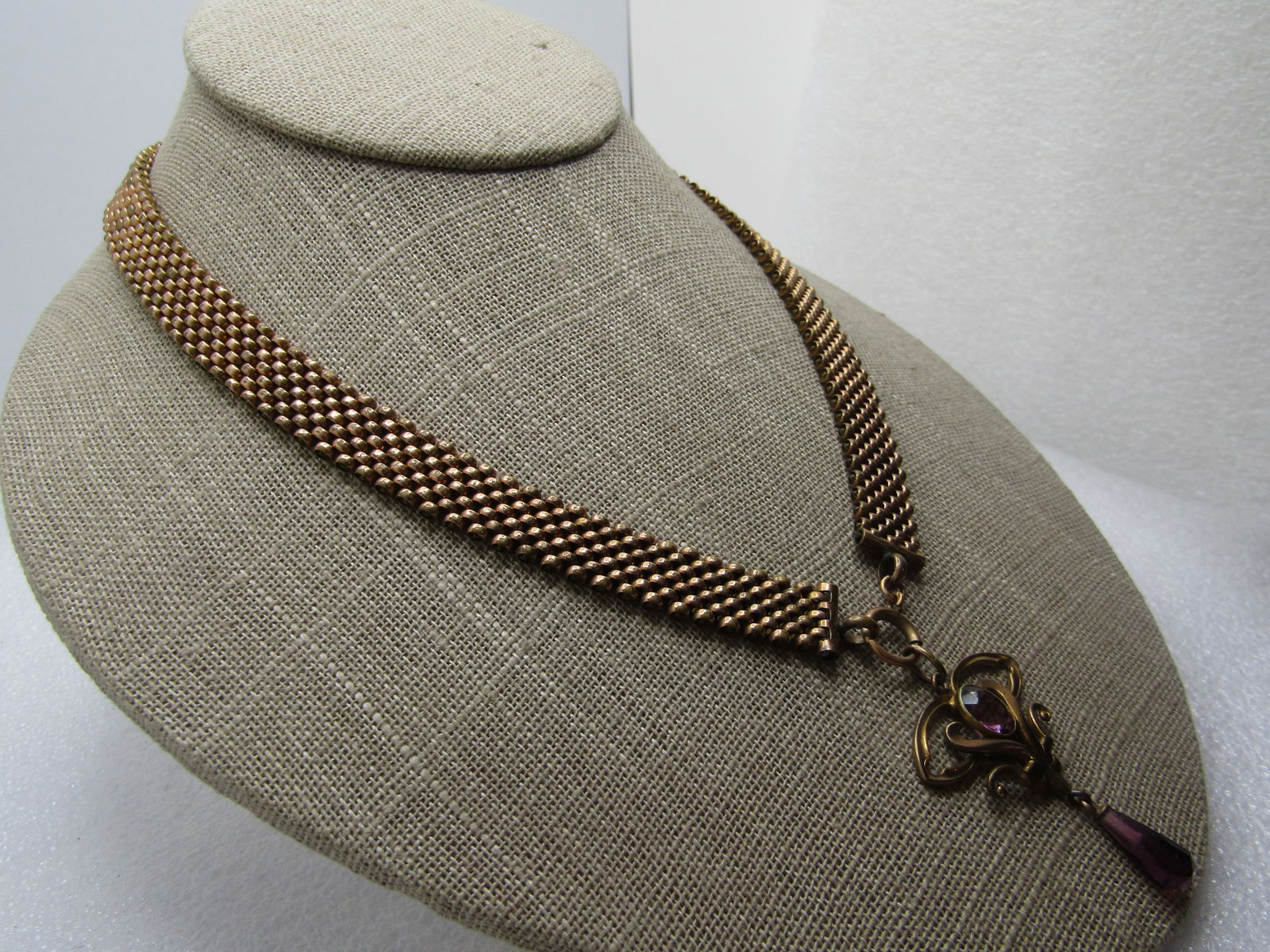 Victorian 10kt G.F. Mesh Purple Drop Pendant Necklace , 19.5" and 2" Pendant, - 3