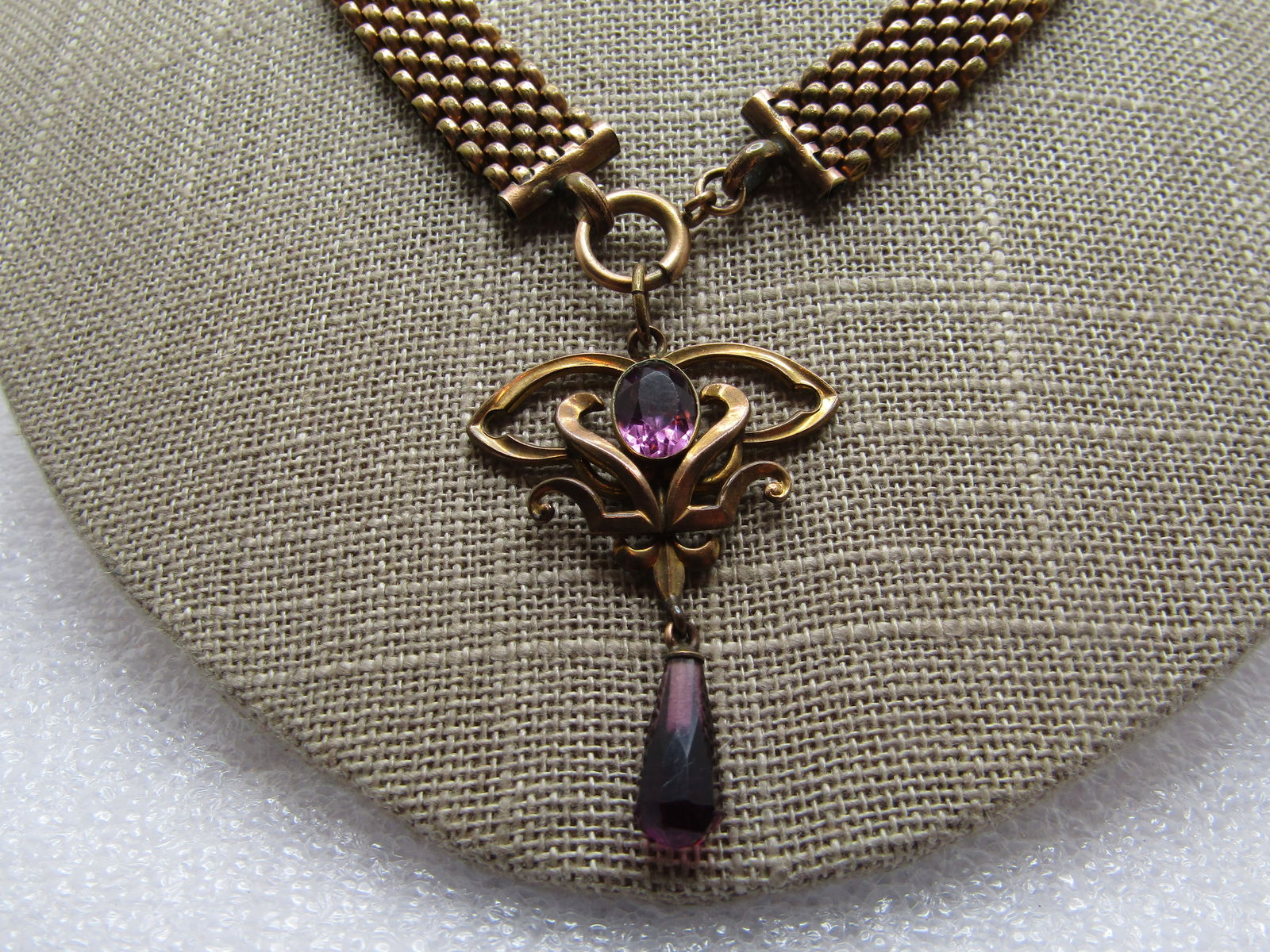 Victorian 10kt G.F. Mesh Purple Drop Pendant Necklace , 19.5" and 2" Pendant, - 4