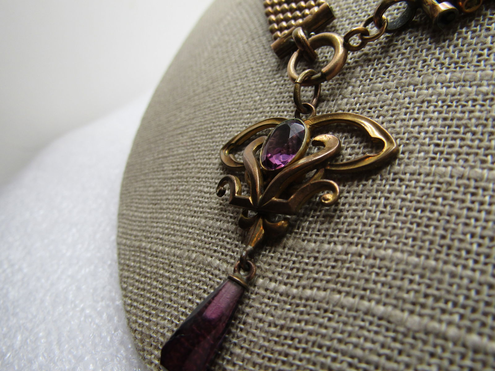 Victorian 10kt G.F. Mesh Purple Drop Pendant Necklace , 19.5" and 2" Pendant, - 5