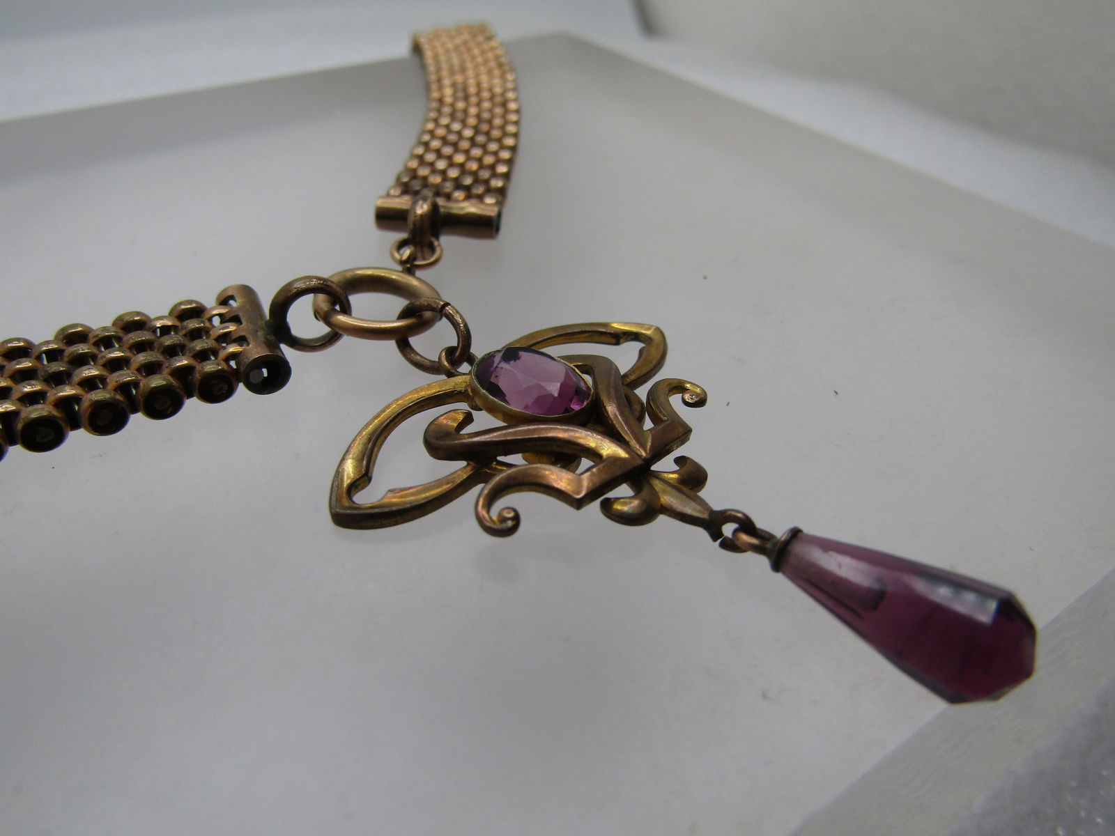 Victorian 10kt G.F. Mesh Purple Drop Pendant Necklace , 19.5" and 2" Pendant, - 6