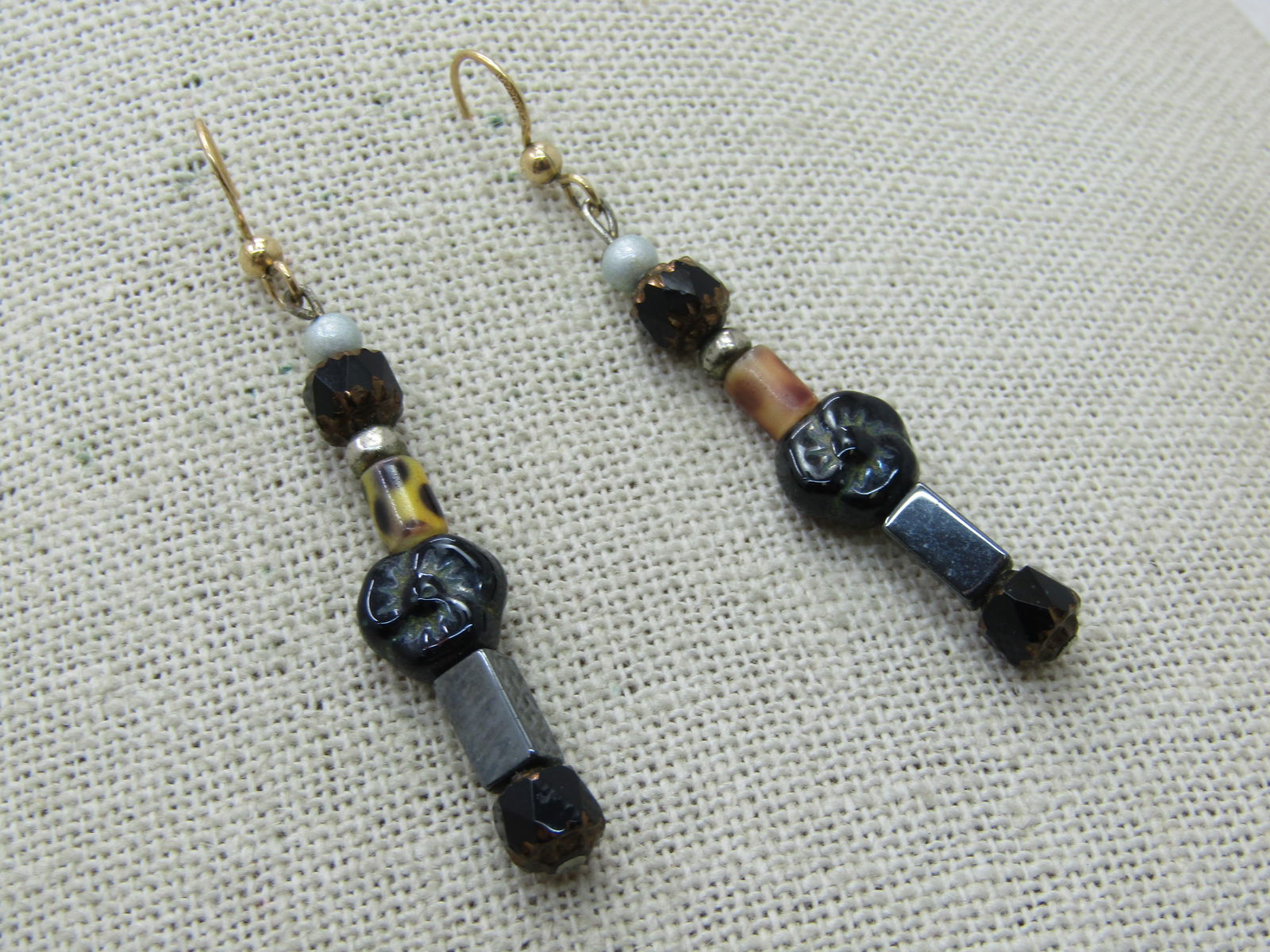 Vintage 14kt G.F. Black Beaded Earrings, Pierced, 2.25" Long - 2