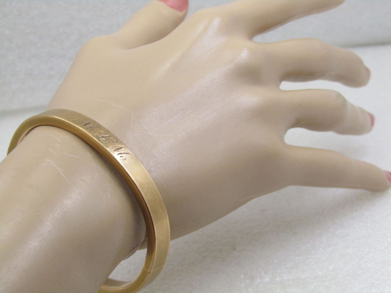 Antique Hinged 10kt Gold Filled Bangle Bracelet, Engraved MLM, Signed Bates & B. 6.75" - 10